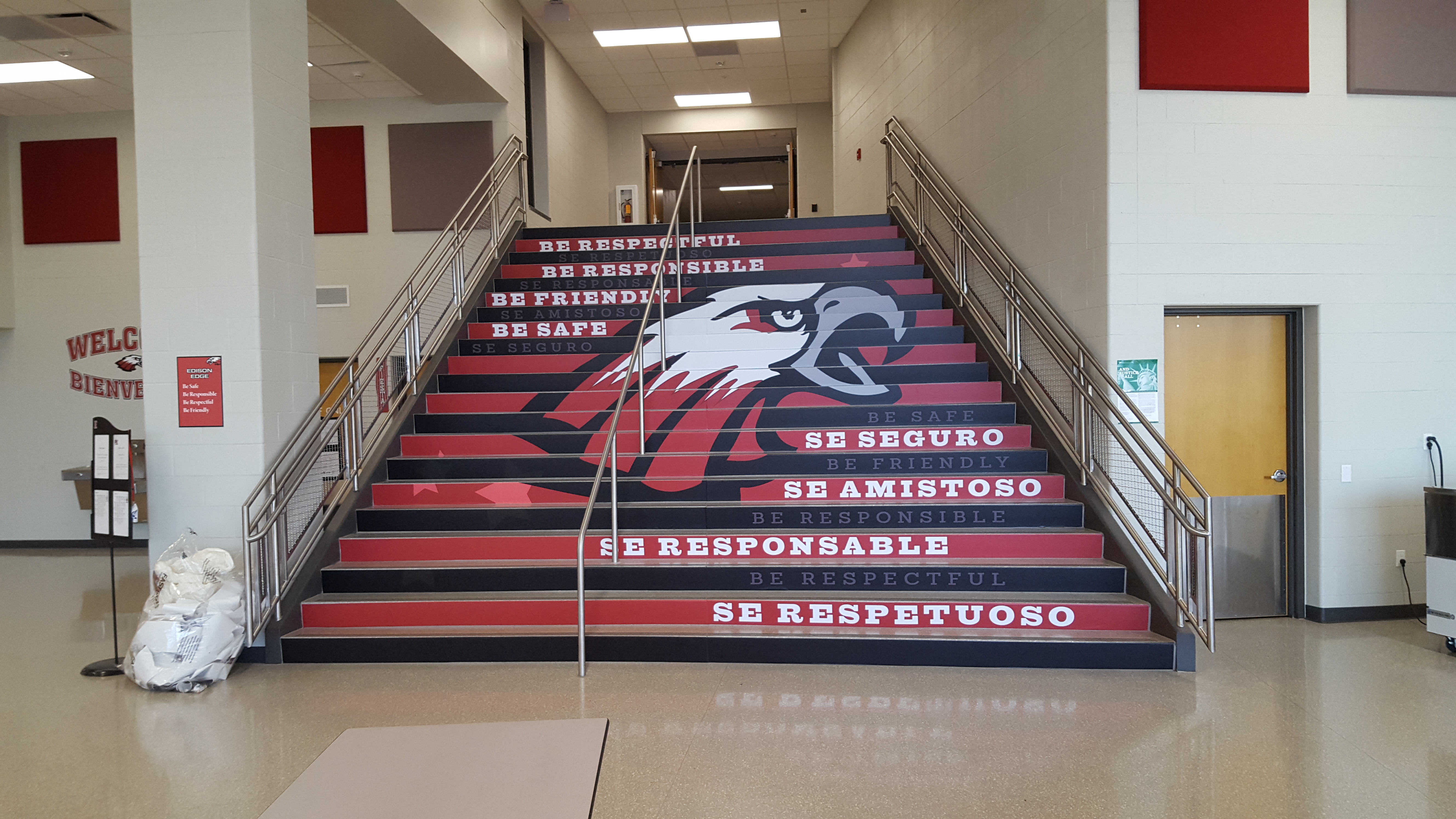 school entrance with logo